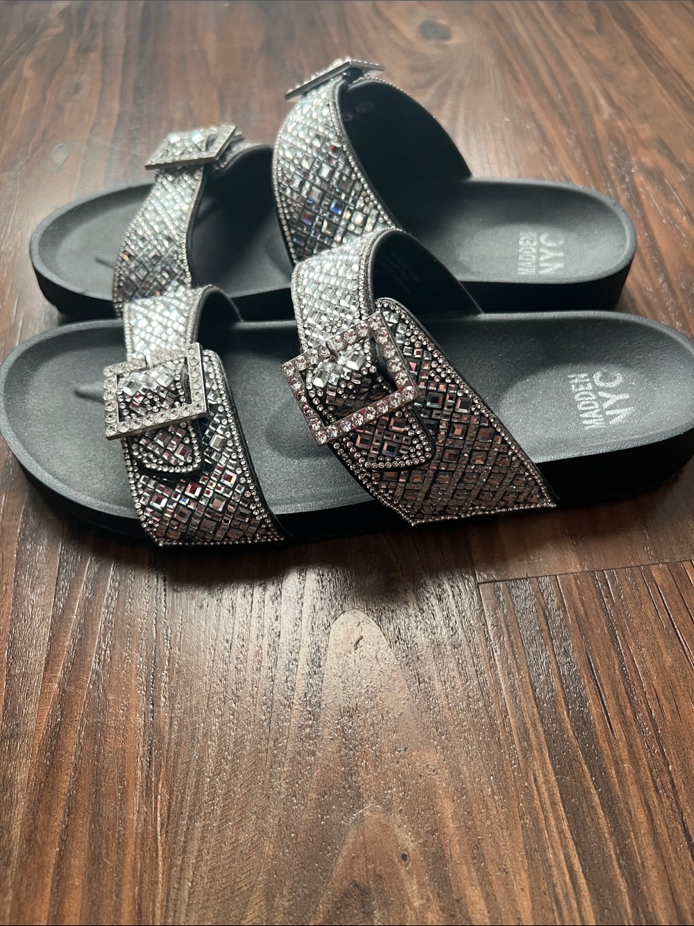 Steve Madden Women's Black Crystal-Embellished Slide Sandals Size 10